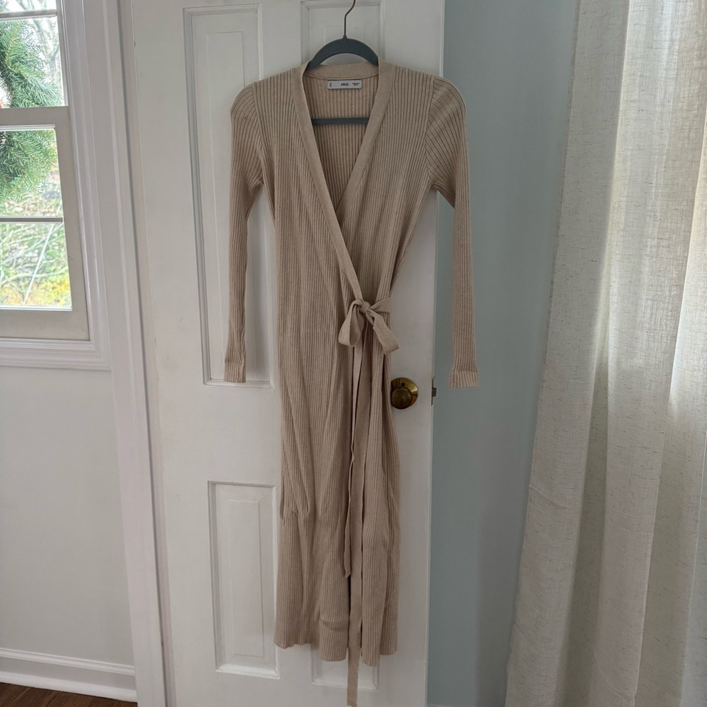 Mango Beige Ribbed Knit Wrap Dress